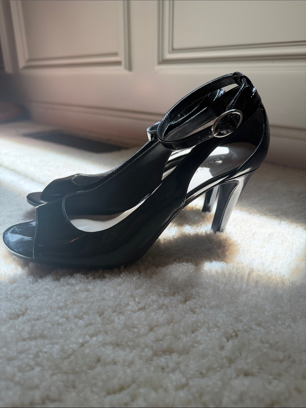 Franco Sarto Black Patent Peep-Toe Ankle-Strap Heels